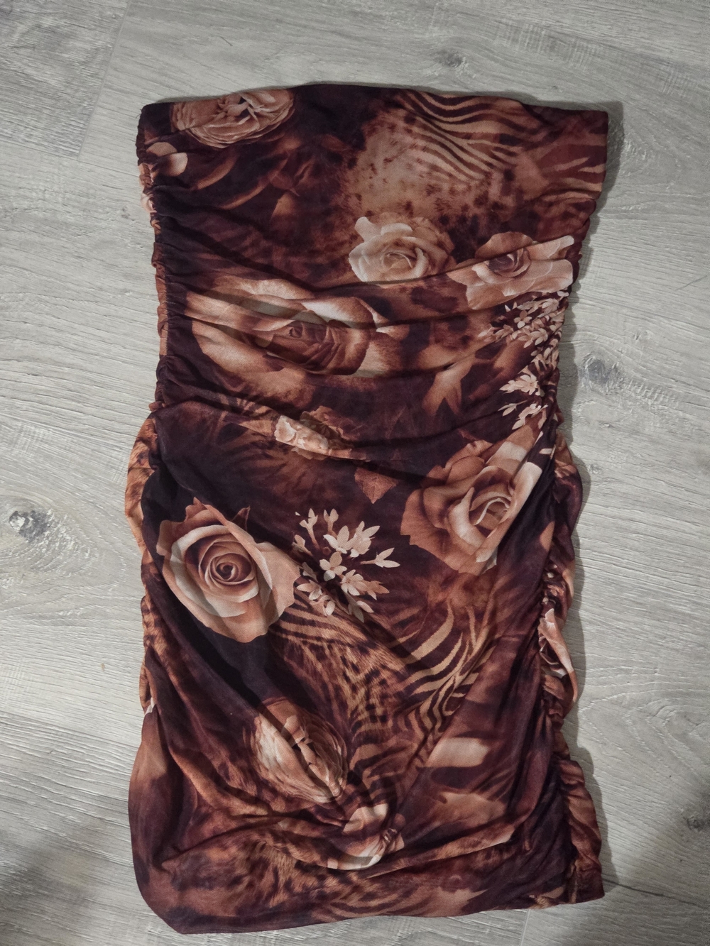 Chocolate Strapless Ruched Floral Bodycon Dress in Brown